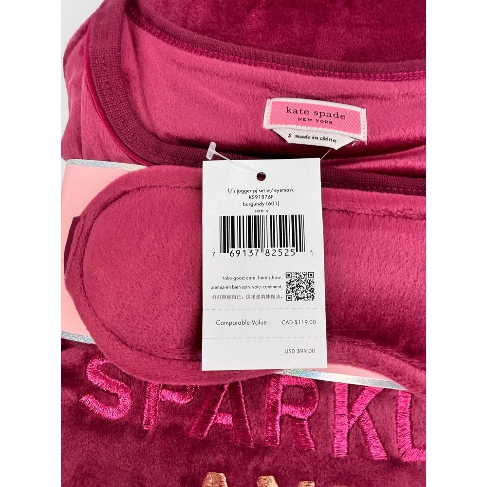 Kate Spade New York Sparkle and Shine Burgundy Plush Jogger‎ Pajama Set SZ S NWT